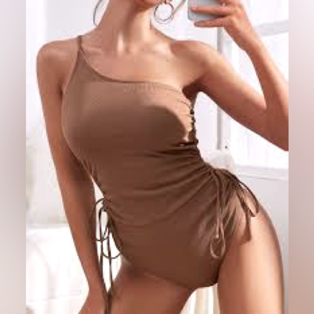 ZAFUL one shoulder high cut cheeky back one piece swimsuit drawstring sides